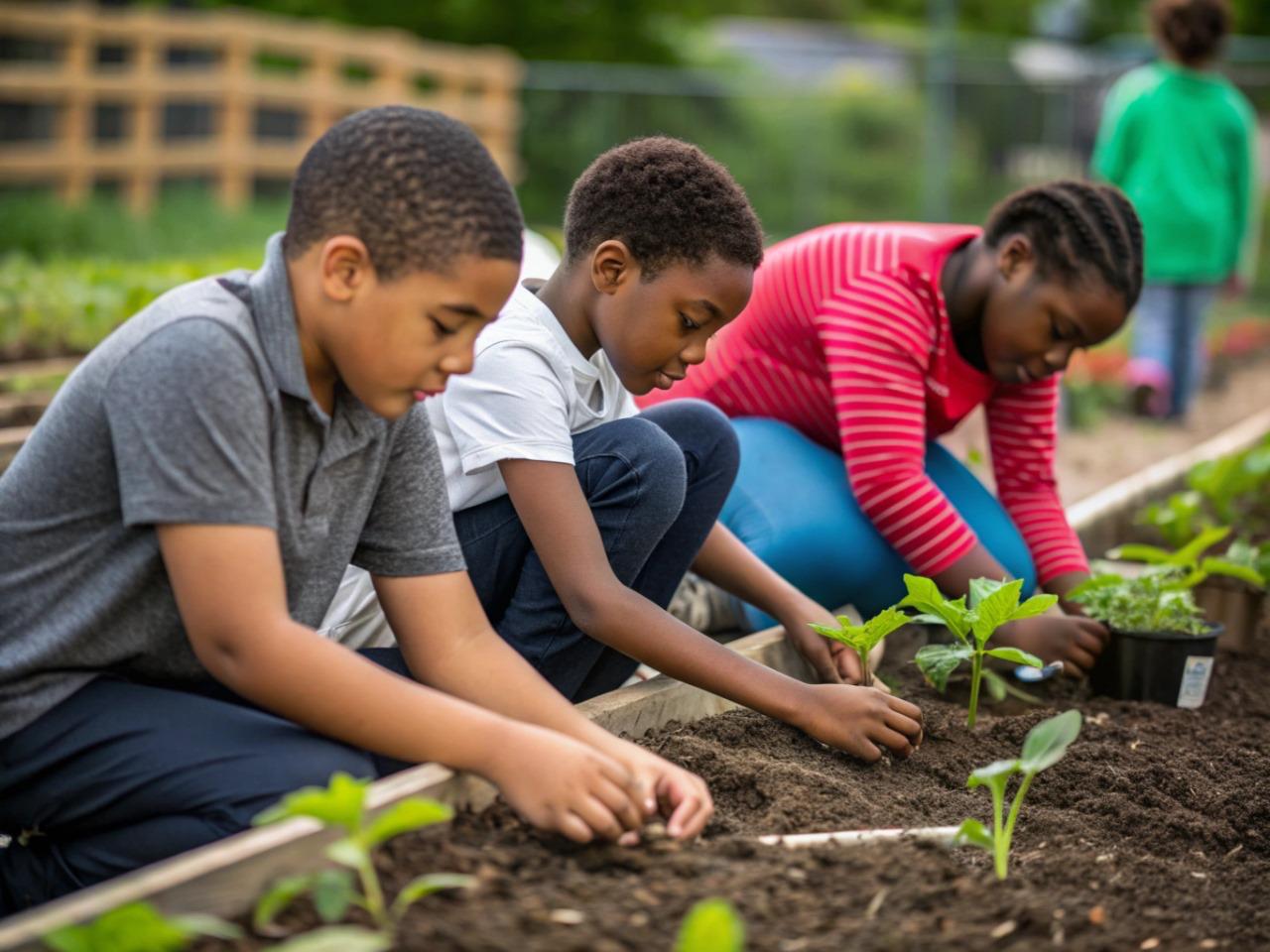 Children planting seedlings together in a garden