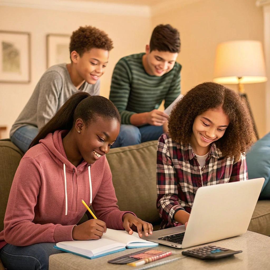 Young people learning together with a laptop and notebooks